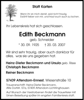 Traueranzeige von Edith Beckmann von Tageszeitung