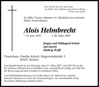 Traueranzeige von Alois Helmbrecht von Tageszeitung
