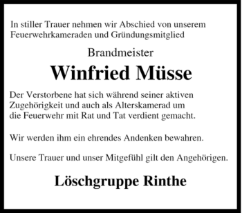 Traueranzeige von Winfried Müsse von Tageszeitung