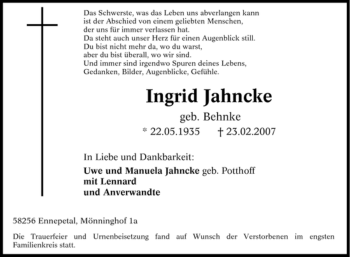 Traueranzeige von Ingrid Jahncke von Tageszeitung