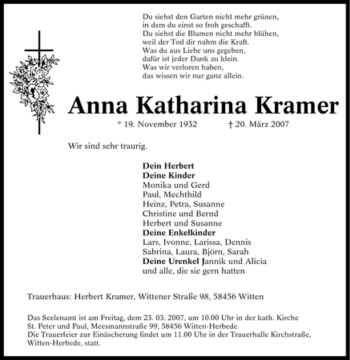 Traueranzeige von Anna Katharina Kramer von Tageszeitung