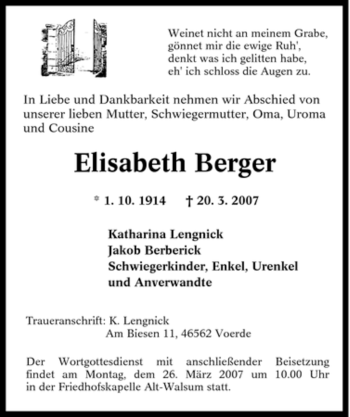 Traueranzeige von Elisabeth Berger von Tageszeitung