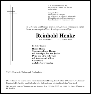 Traueranzeige von Reinhold Henke von Tageszeitung