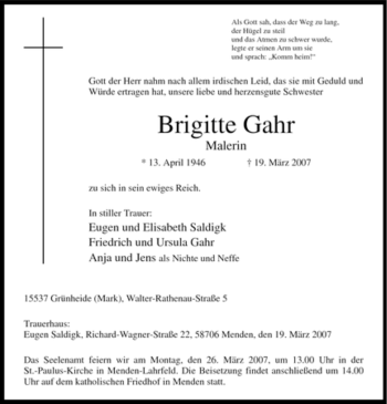 Traueranzeige von Brigitte Gahr von Tageszeitung