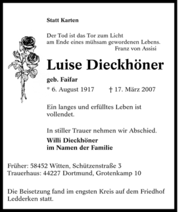 Traueranzeige von Luise Dieckhöner von Tageszeitung