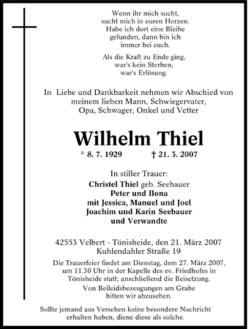 Traueranzeige von Wilhelm Thiel von Tageszeitung