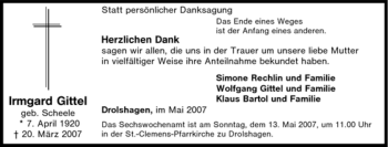 Traueranzeige von Irmgard Gittel von Tageszeitung