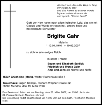 Traueranzeige von Brigitte Gahr von Tageszeitung