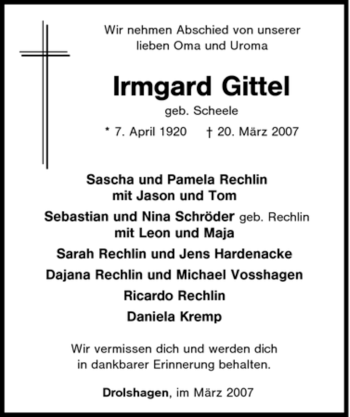 Traueranzeige von Irmgard Gittel von Tageszeitung