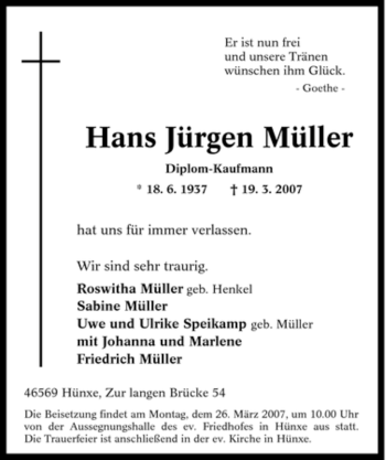 Traueranzeige von Hans Jürgen Müller von Tageszeitung