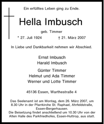 Traueranzeige von Hella Imbusch von Tageszeitung