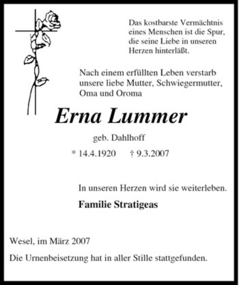 Traueranzeige von Erna Lummer von Tageszeitung