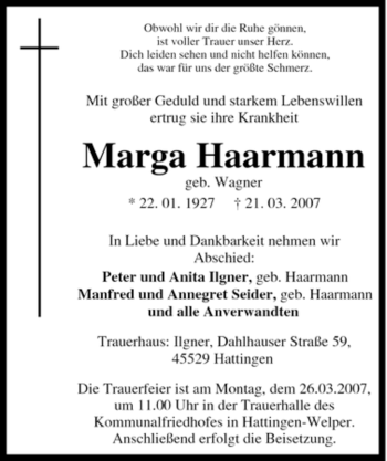 Traueranzeige von Marga Haarmann von Tageszeitung