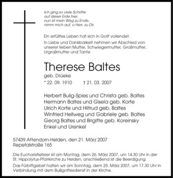 Traueranzeige von Therese Baltes von Tageszeitung
