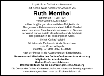 Traueranzeige von Ruth Menthel von Tageszeitung