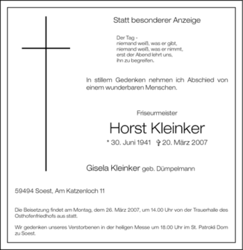 Traueranzeige von Horst Kleinker von Tageszeitung