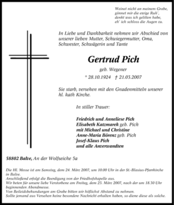 Traueranzeige von Gertrud Pich von Tageszeitung