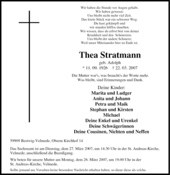Traueranzeige von Thea Stratmann von Tageszeitung