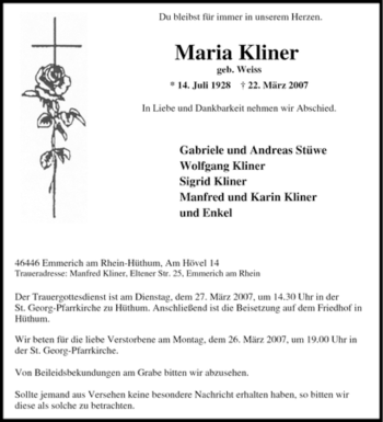 Traueranzeige von Maria Kliner geb. Weiss von Tageszeitung