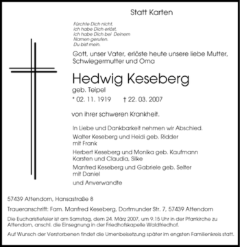 Traueranzeige von Hedwig Keseberg von Tageszeitung