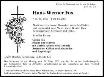 Traueranzeige von Hans-Werner Fox von Tageszeitung