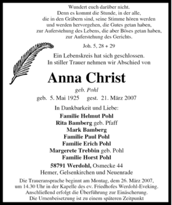 Traueranzeige von Anna Christ von Tageszeitung