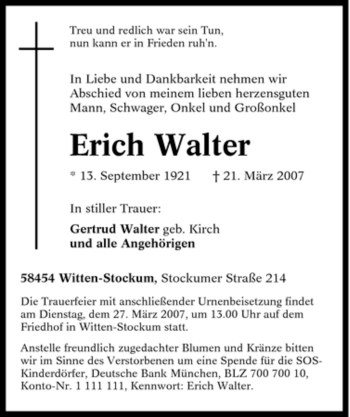Traueranzeige von Erich Walter von Tageszeitung