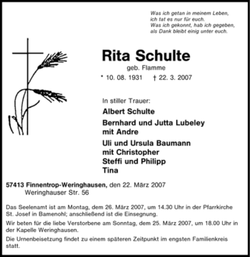 Traueranzeige von Rita Schulte von Tageszeitung