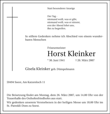 Traueranzeige von Horst Kleinker von Tageszeitung