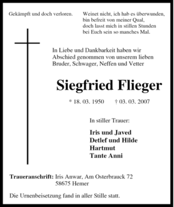 Traueranzeige von Siegfried Flieger von Tageszeitung