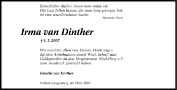 Traueranzeige von Irma van Dinther von Tageszeitung