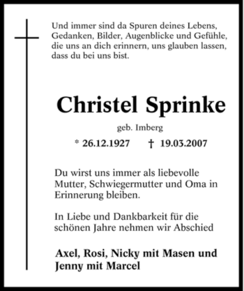 Traueranzeige von Christel Sprinke von Tageszeitung