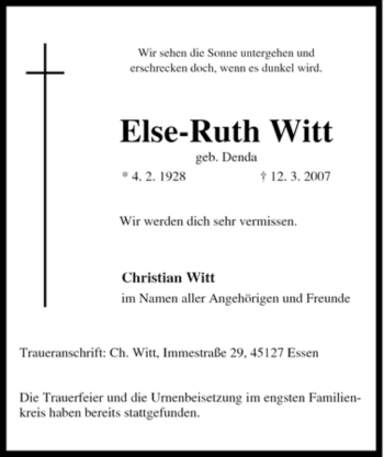 Traueranzeige von Else-Ruth Witt von Tageszeitung