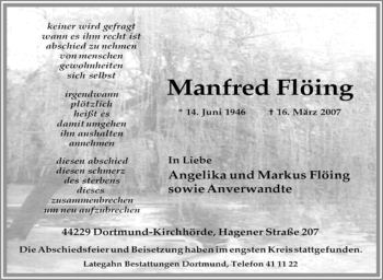 Traueranzeige von Manfred Flöing von Tageszeitung