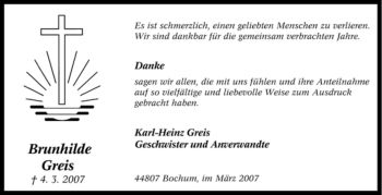 Traueranzeige von Brunhilde Greis von Tageszeitung
