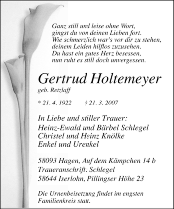 Traueranzeige von Gertrud Holtemeyer von Tageszeitung