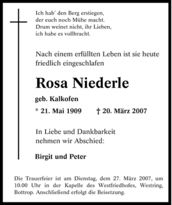 Traueranzeige von Rosa Niederle von Tageszeitung