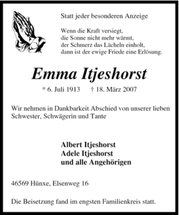 Traueranzeige von Emma Itjeshorst von Tageszeitung