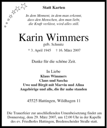 Traueranzeige von Karin Wimmers von Tageszeitung