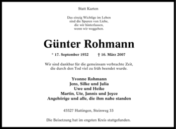 Traueranzeige von Günter Rohmann von Tageszeitung