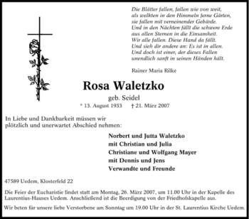 Traueranzeige von Rosa Waletzko von Tageszeitung