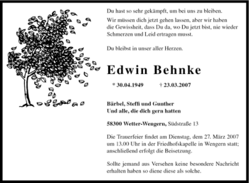 Traueranzeige von Edwin Behnke von Tageszeitung