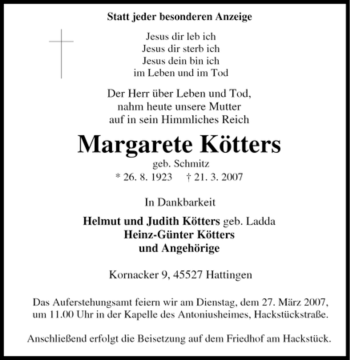Traueranzeige von Margarete Kötters von Tageszeitung