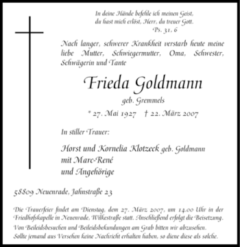 Traueranzeige von Frieda Goldmann von Tageszeitung