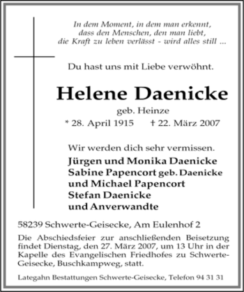 Traueranzeige von Helene Daenicke von Tageszeitung