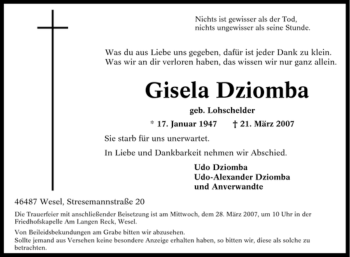 Traueranzeige von Gisela Dziomba von Tageszeitung