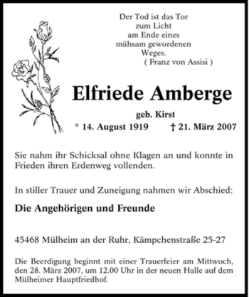 Traueranzeige von Elfriede Amberge von Tageszeitung