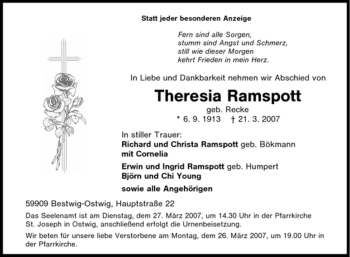 Traueranzeige von Theresia Ramspott von Tageszeitung