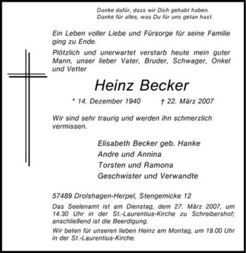 Traueranzeige von Heinz Becker von Tageszeitung