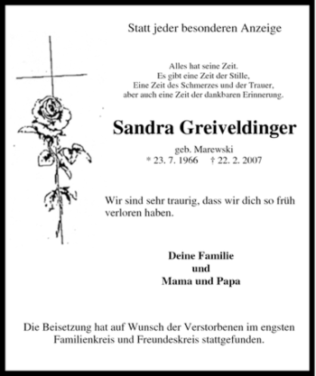 Traueranzeige von Sandra Greiveldinger von Tageszeitung